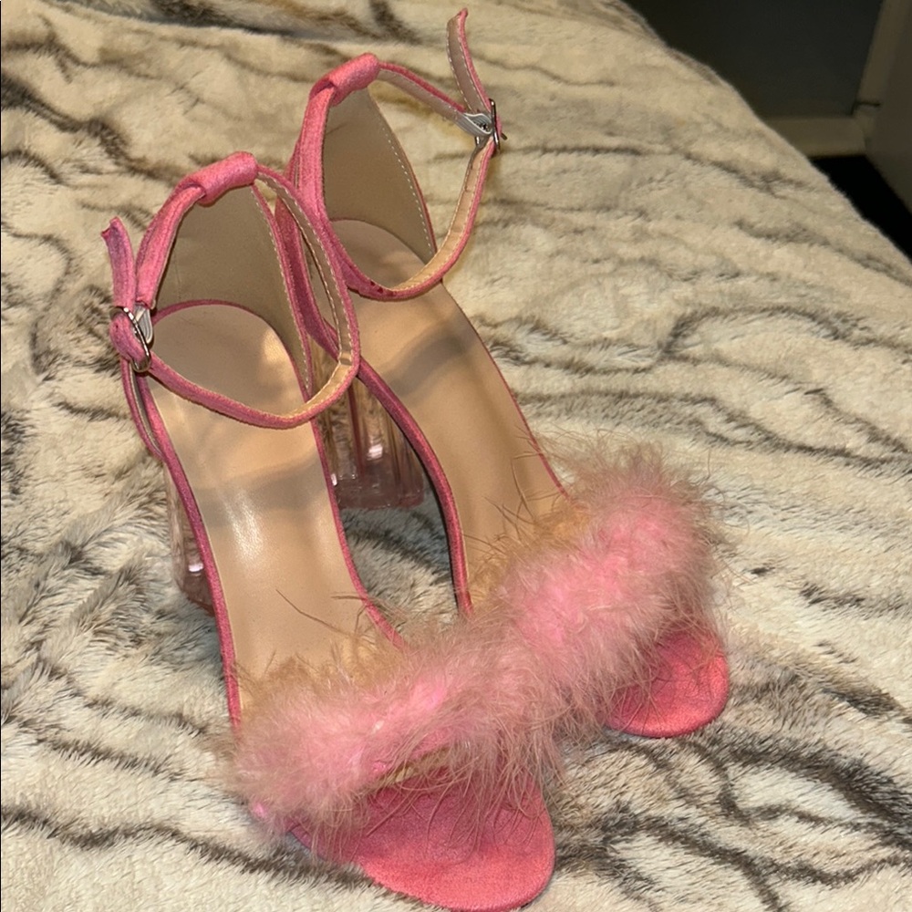 Chic Pink Stiletto Heels with Fluffy Strap